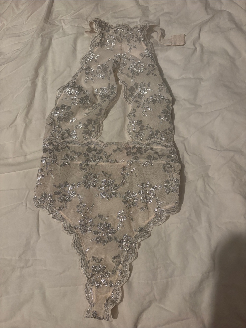 Victoria's Secret Sheer Lace Halter Teddy in Nude with Silver